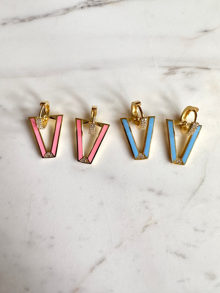 Pink Enamel Triangle Hoop Earrings