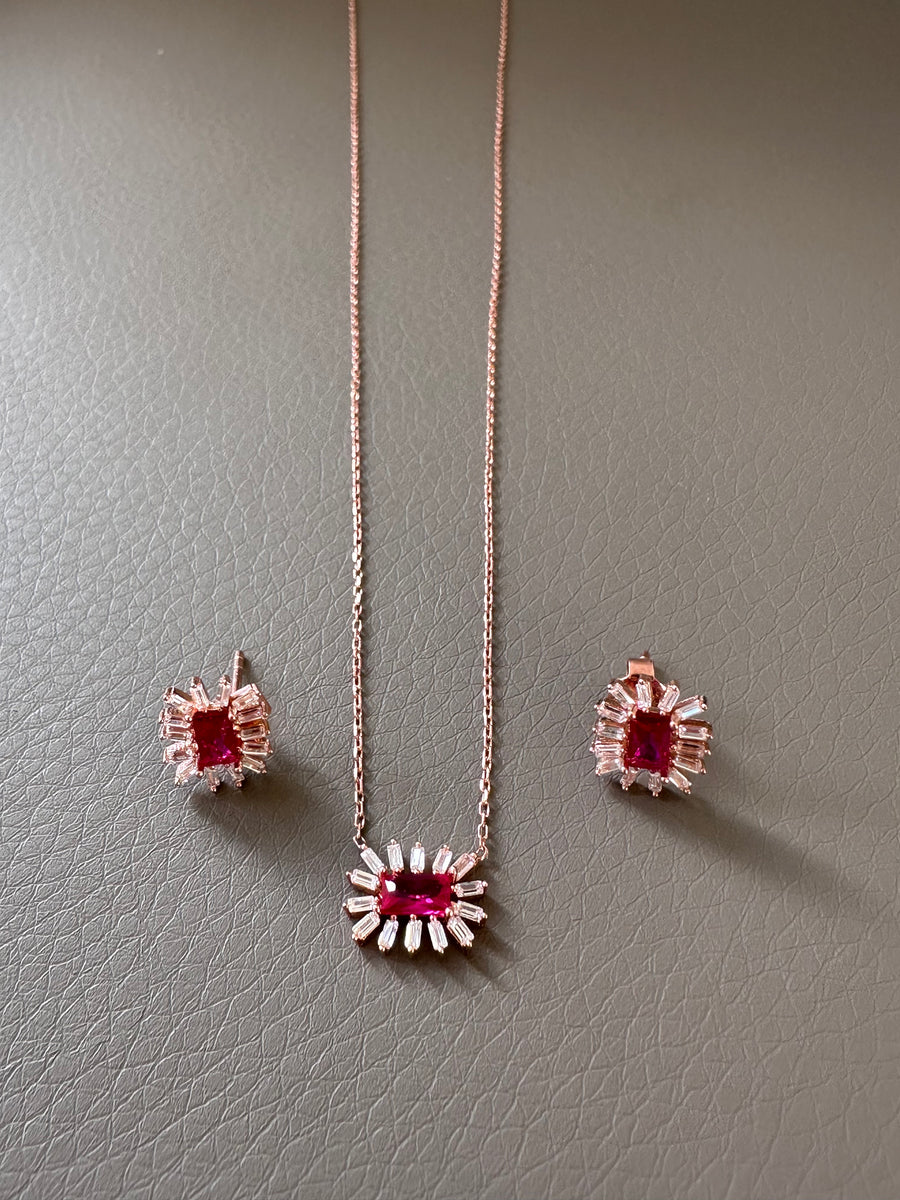 Pink Crystal Baguette Necklace and Earring Set