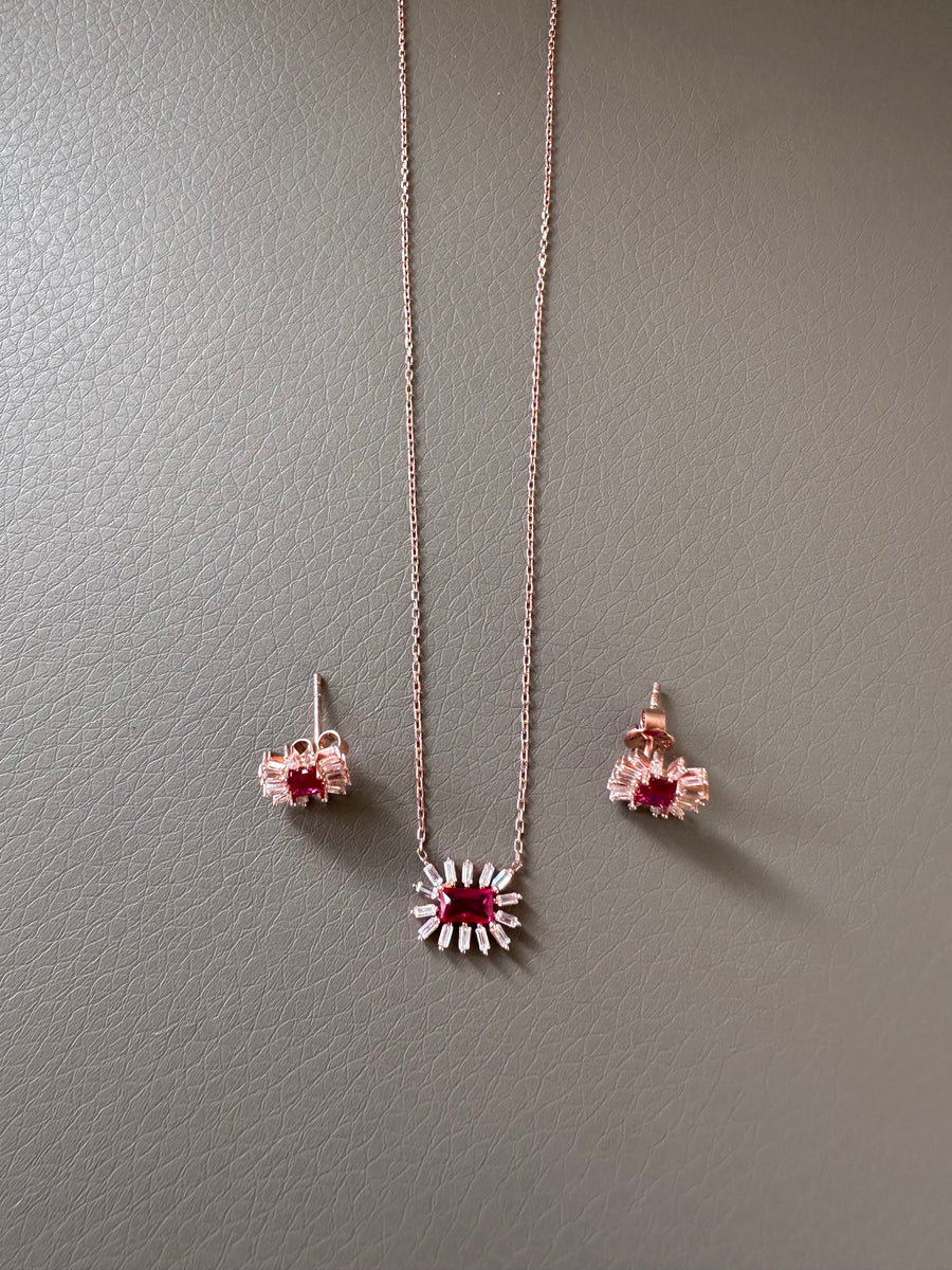 Pink Crystal Baguette Necklace and Earring Set
