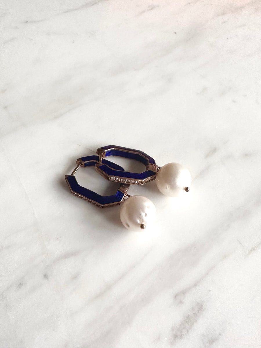 Mia Perlo Navy And Pearl Earrings-Earrings-Mia Perlo-Emila-5