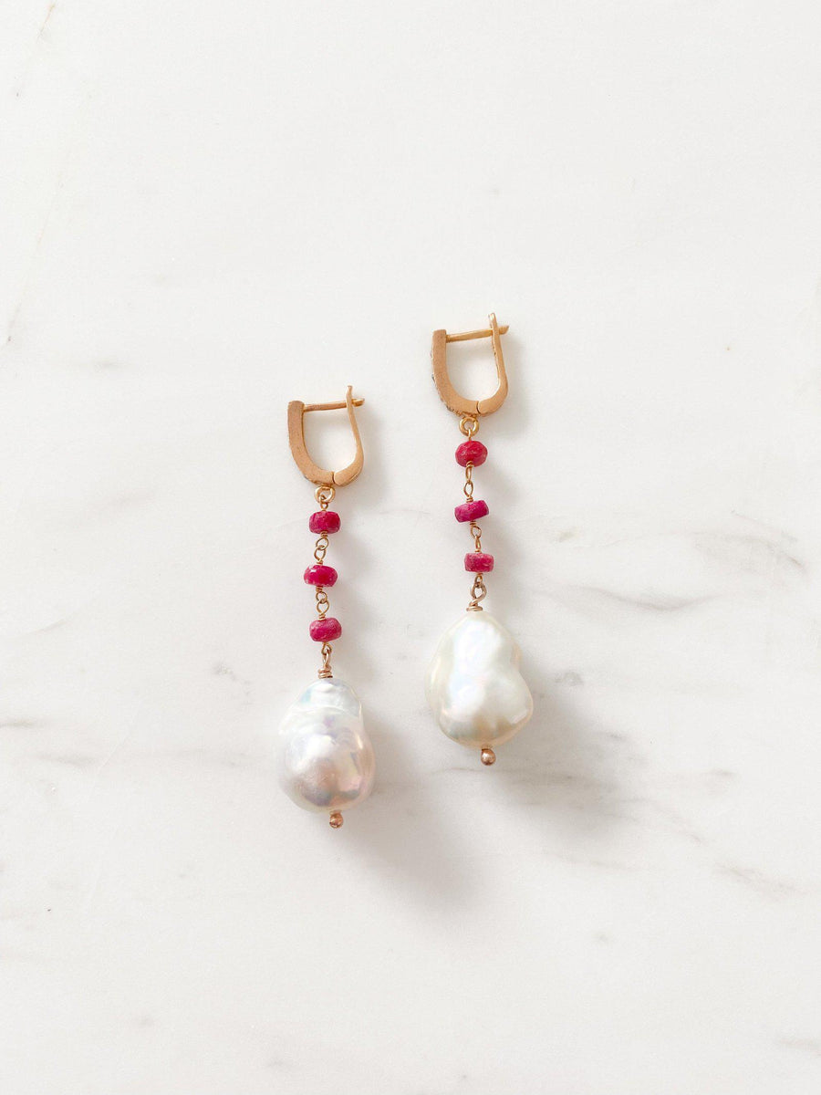 Mia Perlo Dainty Pearl Drop Earrings-Earrings-Mia Perlo-Ruby & Freshwater Pearl-Emila-3